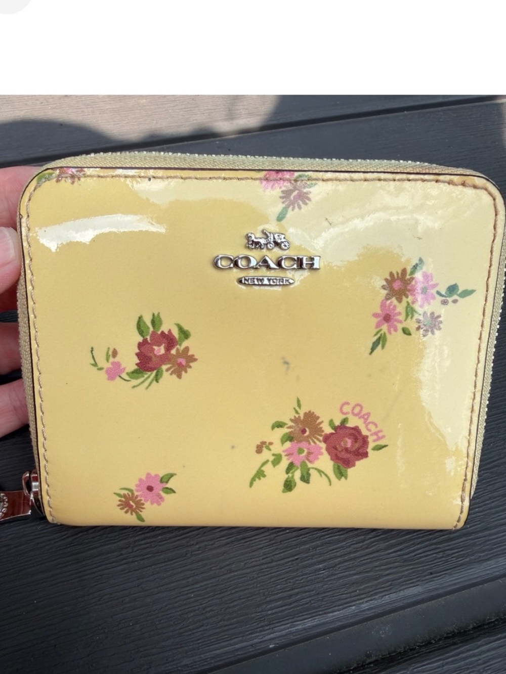 Coach Yellow Floral Patent Leather Zip Wallet